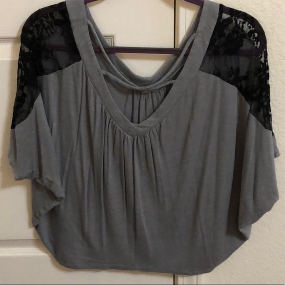 Full Tilt Light Grey w/Black Lace shoulder Crop